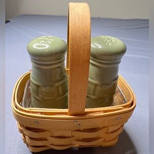 Longaberger Salt Pepper Basket Set Olive Green Pottery Farmhouse USA